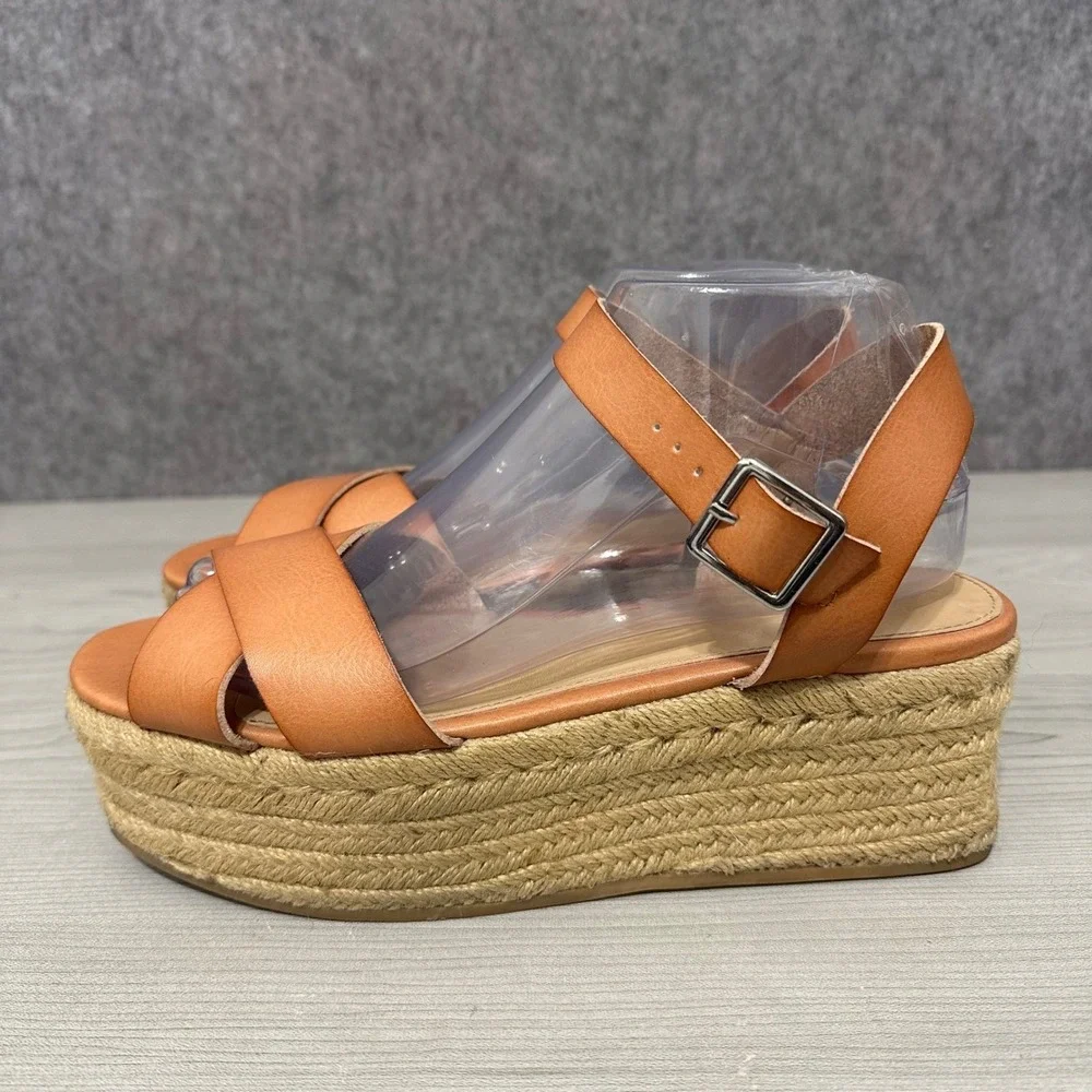 EXPRESS Women Tan‎ Leather Espadrille Platform Wedge Sandals Size 9